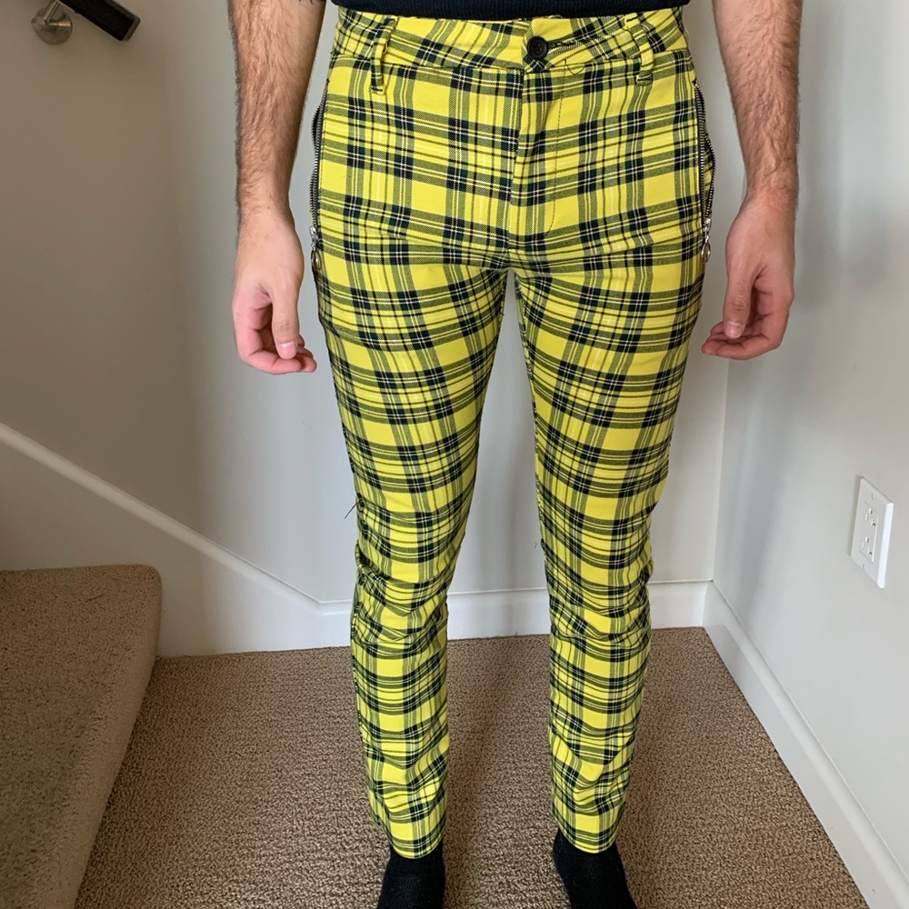 TOPMAN Stretch Skinny Trousers, Yellow Plaid Zip